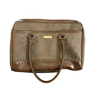 Vintage Liz Claiborne Brown Paisley Tapestry Satchel Tote Bag Purse Leather Trim